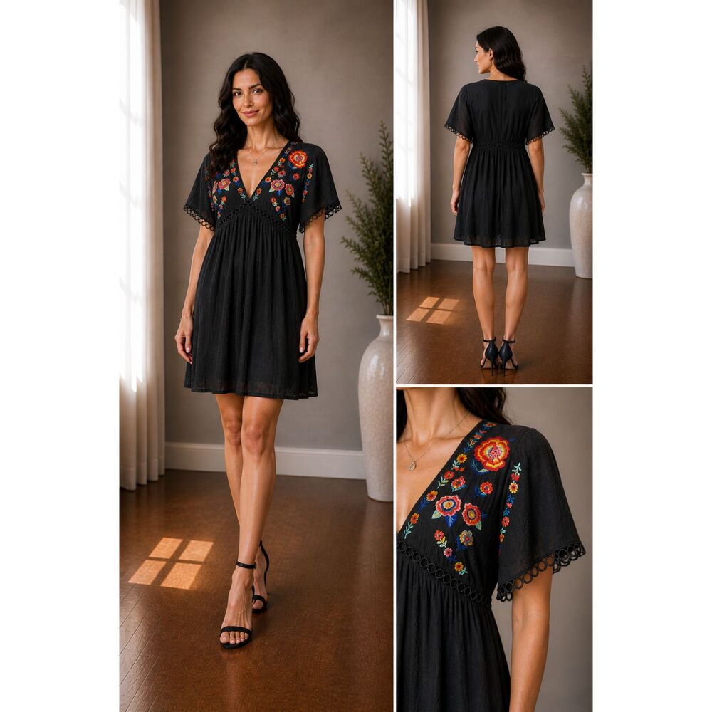 Umgee Womens Small Tunic Dress Black Boho Cottagecore Folk Gauze Embroidered